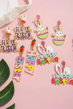 Online Dear-Lover Happy Easter Bunny Ear Pattern Stud Dangle Earrings Pink