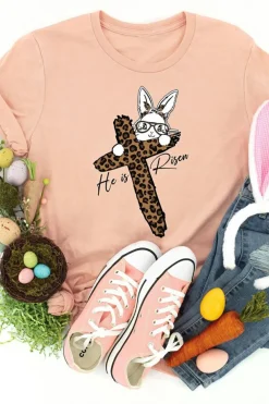 Online Dear-Lover He is Risen Easter Bunny Leopard Cross Graphic Tee Pink
