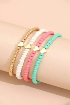 Discount Dear-Lover Heart Beaded Multi Layered Bracelet Set Pink