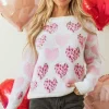 Discount Dear-Lover Heart Leopard Print Pearled Ribbed Trim Fuzzy Sweater Pink