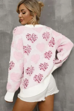 Discount Dear-Lover Heart Leopard Print Pearled Ribbed Trim Fuzzy Sweater Pink