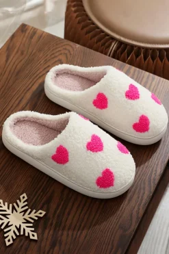 Sale Dear-Lover Heart Pattern Valentines Fuzzy Winter Slippers Pink