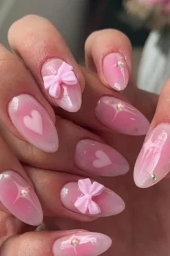 Fashion Dear-Lover Heart Print Bow Rhinestone Decor Almond Shape False Nail Pink