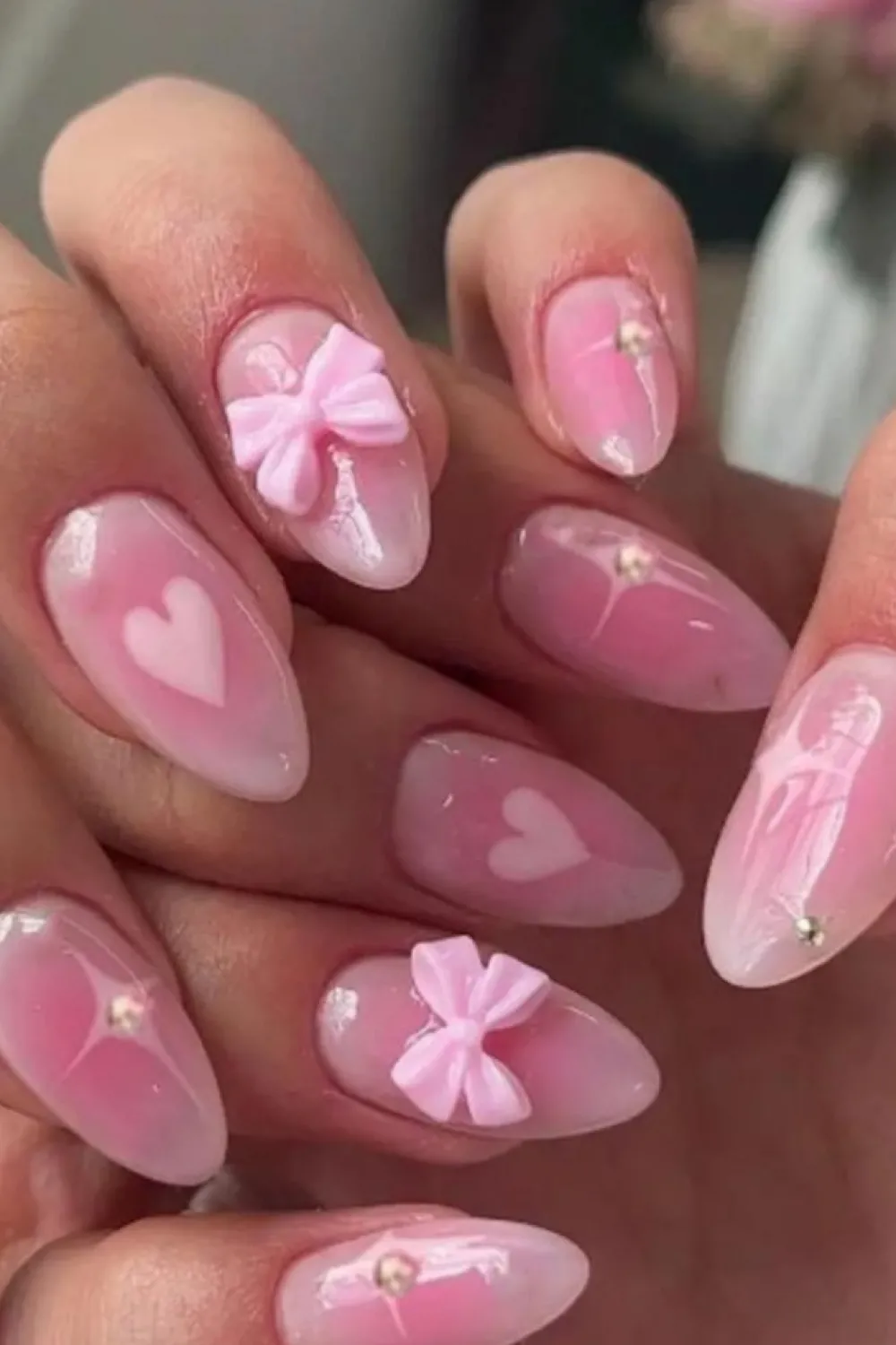 Fashion Dear-Lover Heart Print Bow Rhinestone Decor Almond Shape False Nail Pink