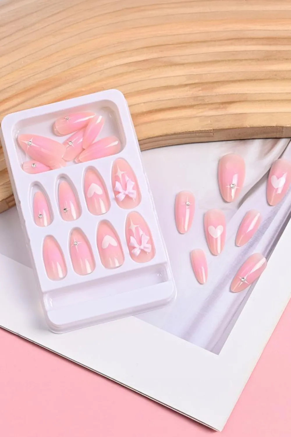 Fashion Dear-Lover Heart Print Bow Rhinestone Decor Almond Shape False Nail Pink