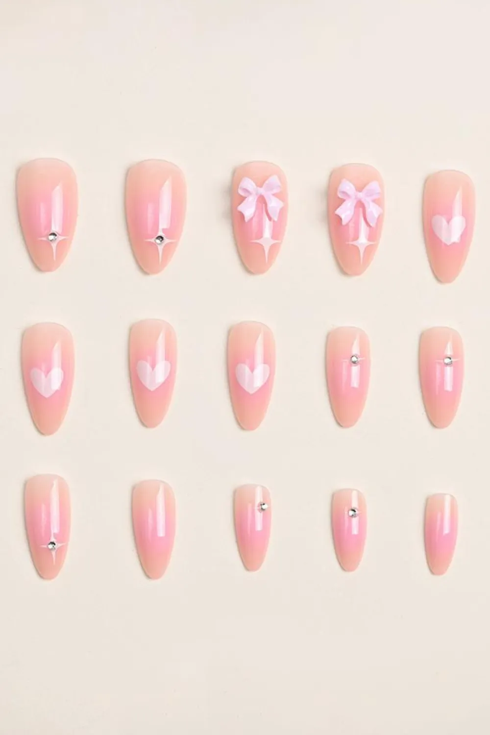 Fashion Dear-Lover Heart Print Bow Rhinestone Decor Almond Shape False Nail Pink