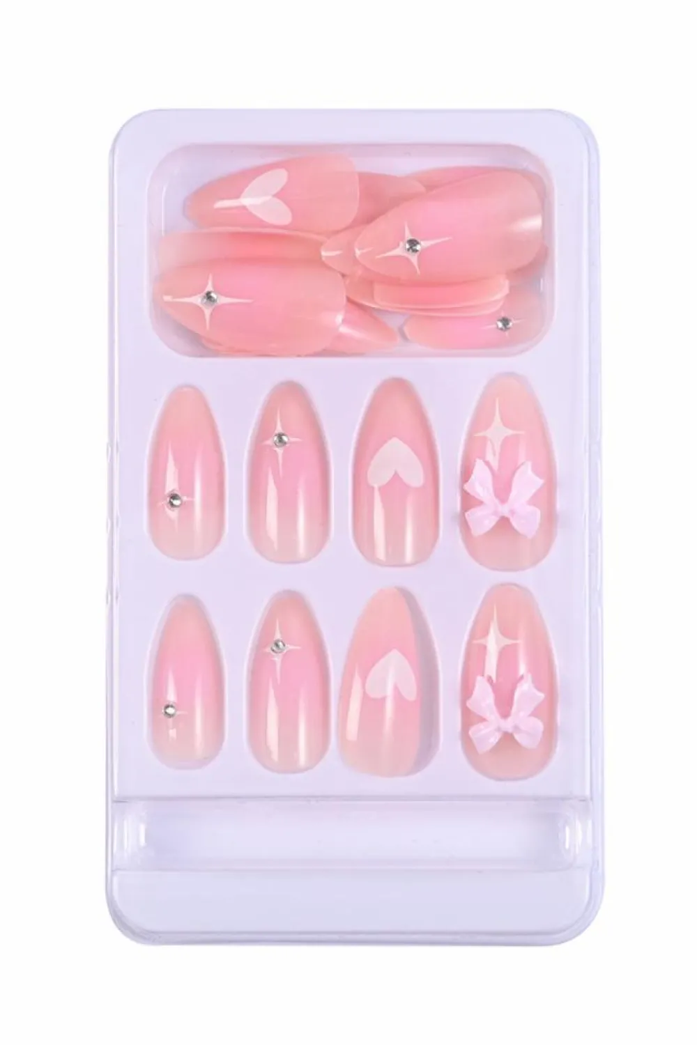 Fashion Dear-Lover Heart Print Bow Rhinestone Decor Almond Shape False Nail Pink