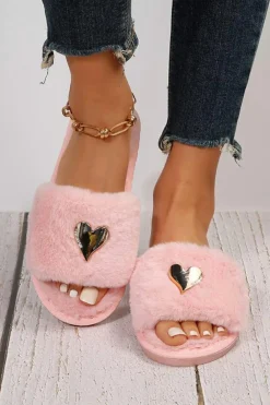Best Dear-Lover Heart Shape Buckle Decor Open Toe Plush Slippers Pink