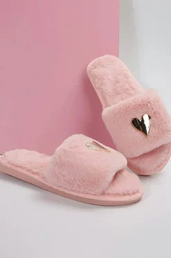 Best Dear-Lover Heart Shape Buckle Decor Open Toe Plush Slippers Pink