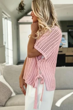 Outlet Dear-Lover Hollow-out Crochet Side Tied Short Sleeve Sweater Pink
