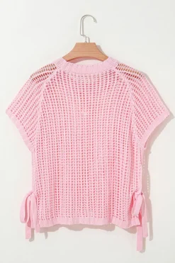 Outlet Dear-Lover Hollow-out Crochet Side Tied Short Sleeve Sweater Pink