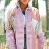 Outlet Dear-Lover Houndstooth Color Contrast Textured Patchwork Loose Shacket Pink