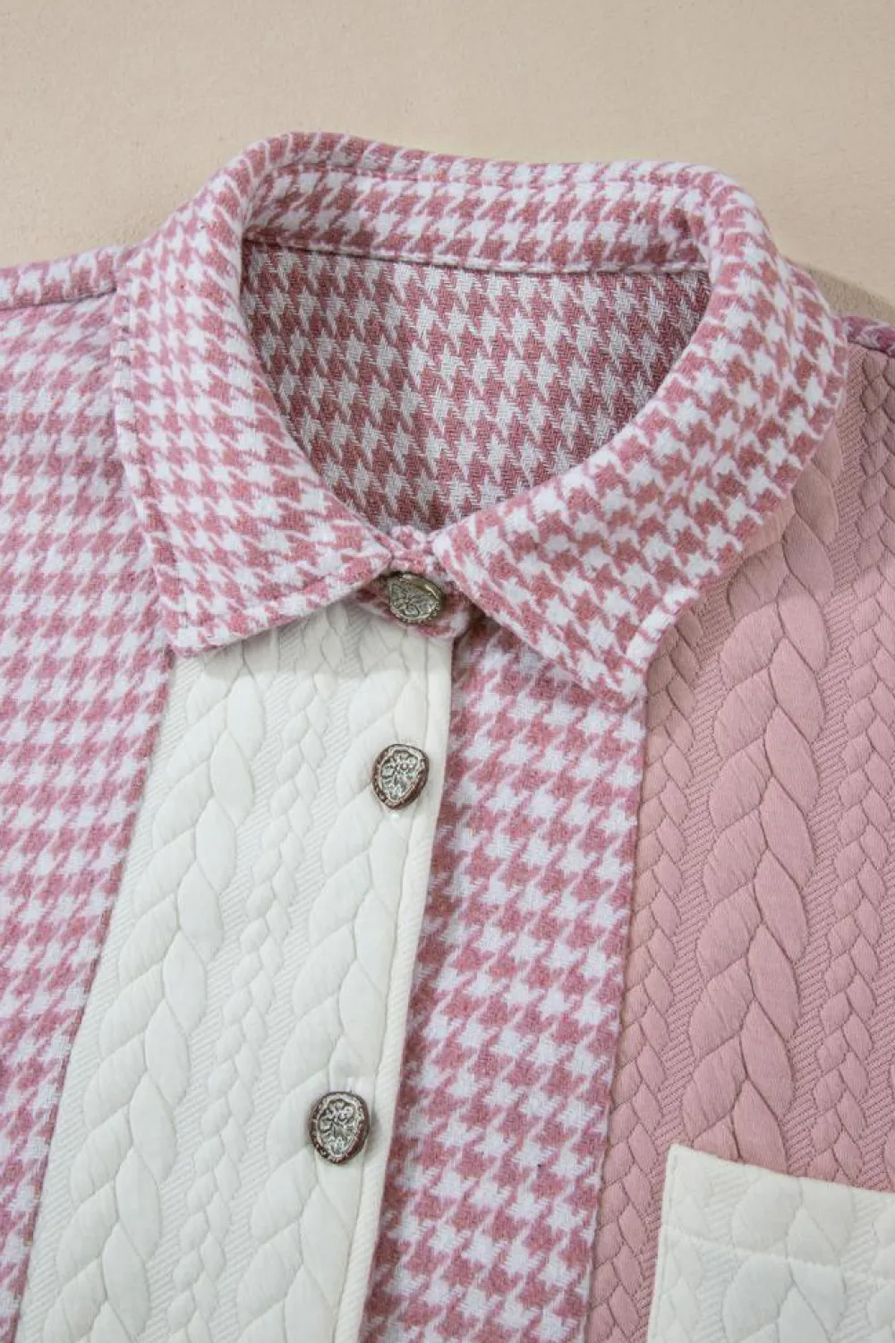 Outlet Dear-Lover Houndstooth Color Contrast Textured Patchwork Loose Shacket Pink
