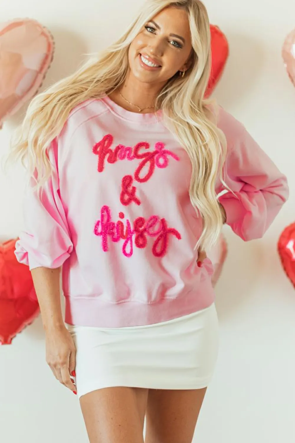 Online Dear-Lover Hugs and Kisses Pop Up Embroidered Raglan Sleeve Sweatshirt Pink