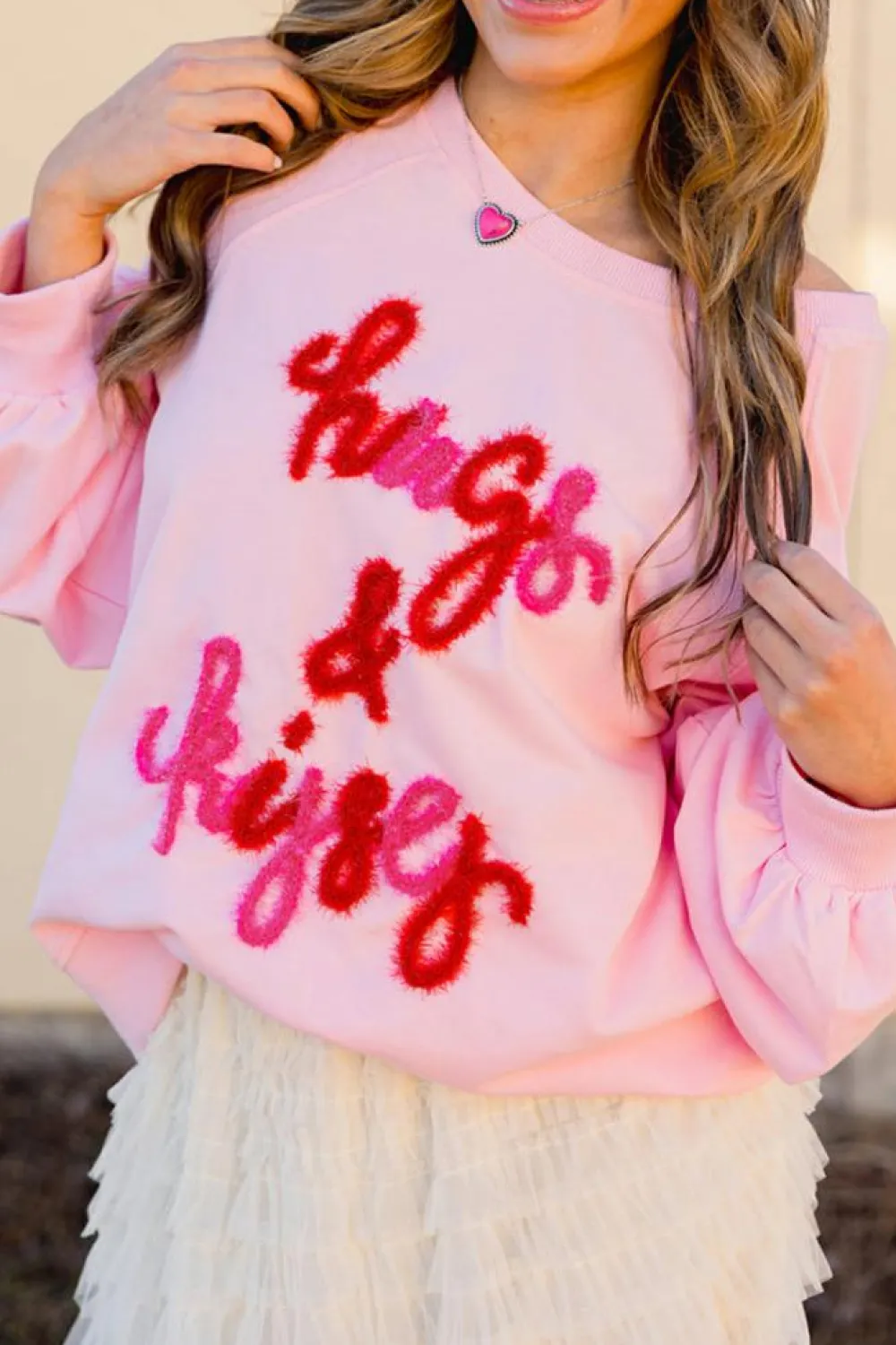 Online Dear-Lover Hugs and Kisses Pop Up Embroidered Raglan Sleeve Sweatshirt Pink