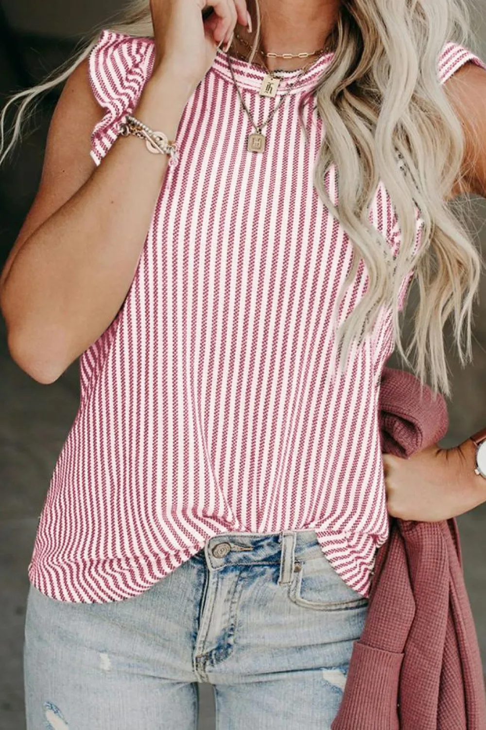 Best Dear-Lover Khaki Striped Crew Neck Ruffled Tank Top Pink