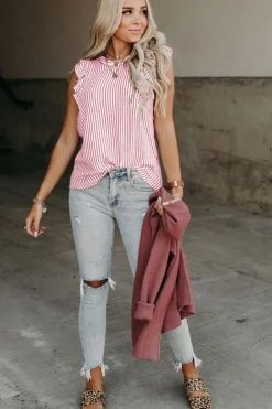 Best Dear-Lover Khaki Striped Crew Neck Ruffled Tank Top Pink