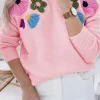 Discount Dear-Lover Knitted Flower Pattern Ribbed Edge Sweater Pink
