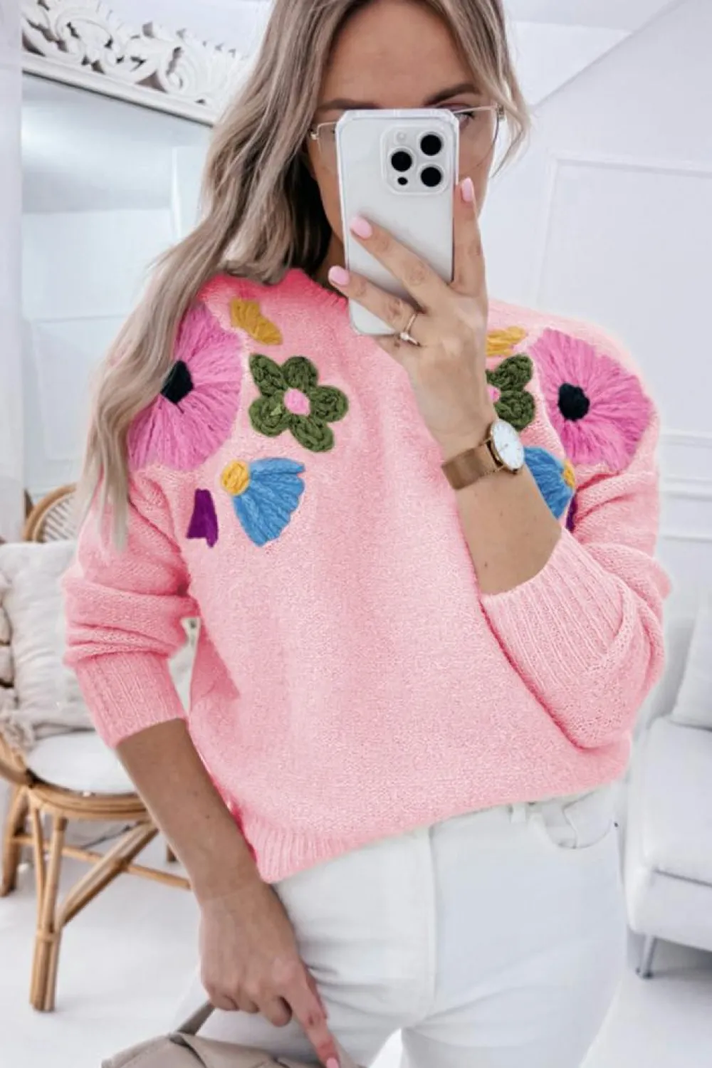Discount Dear-Lover Knitted Flower Pattern Ribbed Edge Sweater Pink