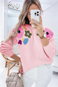 Discount Dear-Lover Knitted Flower Pattern Ribbed Edge Sweater Pink