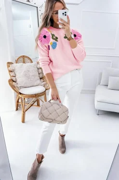 Discount Dear-Lover Knitted Flower Pattern Ribbed Edge Sweater Pink