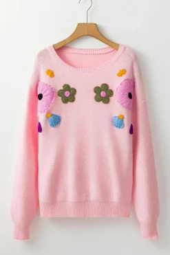 Discount Dear-Lover Knitted Flower Pattern Ribbed Edge Sweater Pink