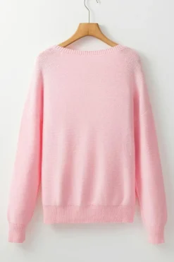 Discount Dear-Lover Knitted Flower Pattern Ribbed Edge Sweater Pink