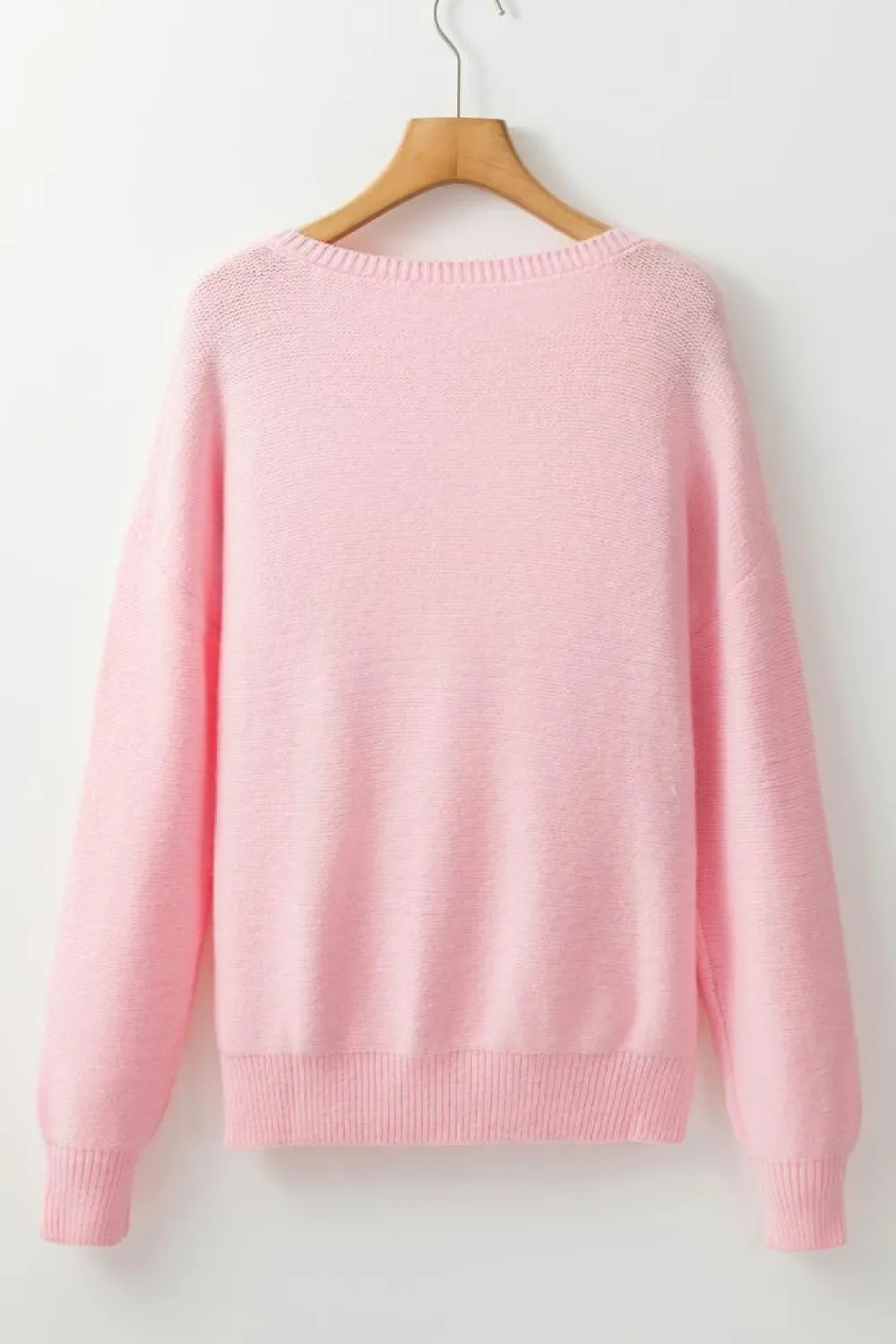 Discount Dear-Lover Knitted Flower Pattern Ribbed Edge Sweater Pink