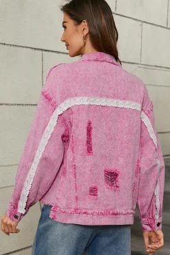 Hot Dear-Lover Lace Patchwork Distressed Buttoned Denim Jacket Pink