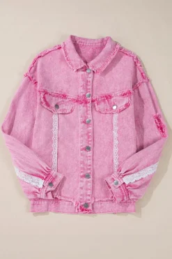 Hot Dear-Lover Lace Patchwork Distressed Buttoned Denim Jacket Pink