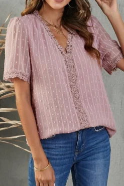 Online Dear-Lover Lace Splicing V-Neck Swiss Dot Short Sleeve Top Pink