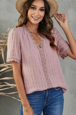 Online Dear-Lover Lace Splicing V-Neck Swiss Dot Short Sleeve Top Pink