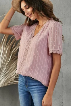 Online Dear-Lover Lace Splicing V-Neck Swiss Dot Short Sleeve Top Pink