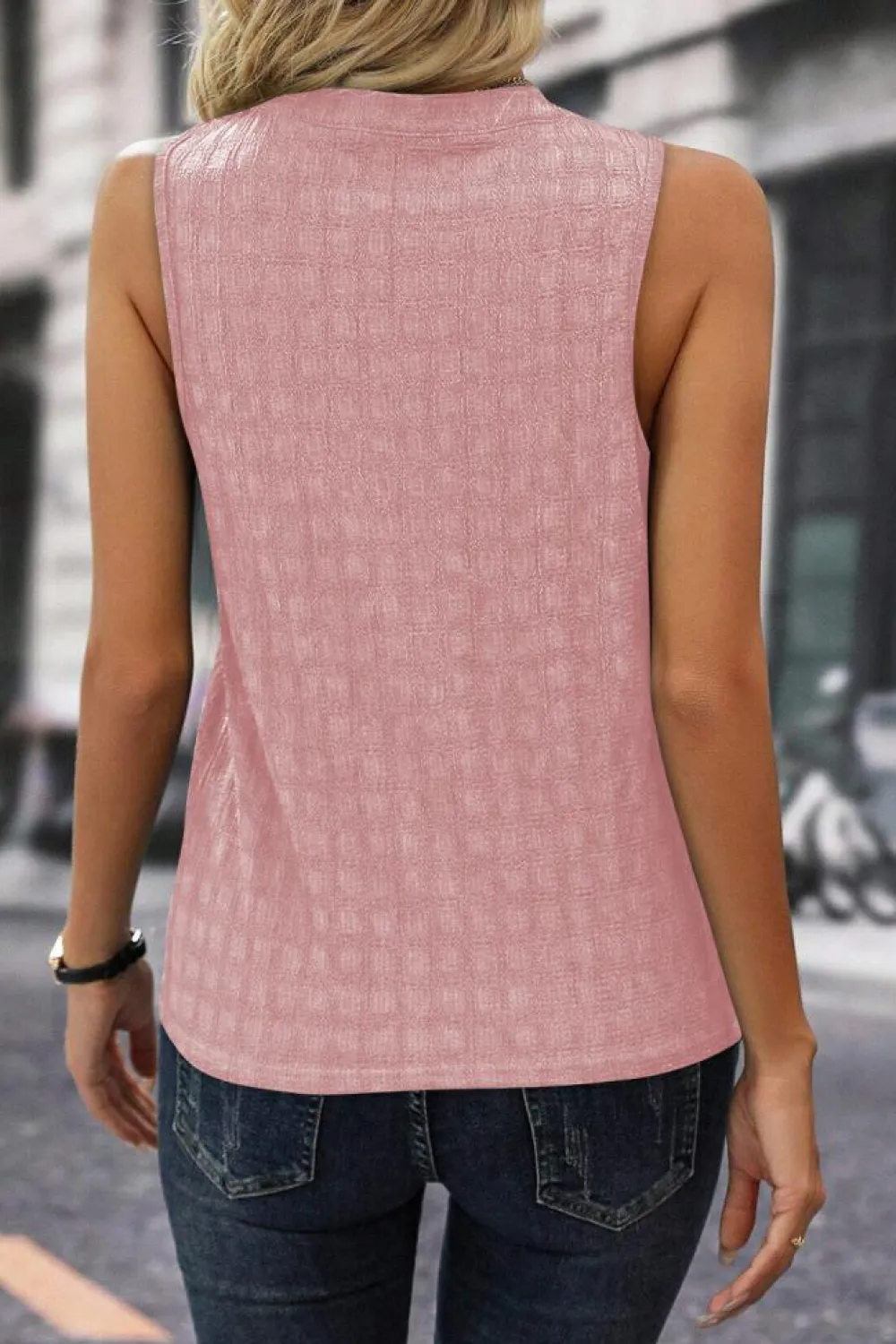 Fashion Dear-Lover Lattice Textured Split Neck Tank Top Pink
