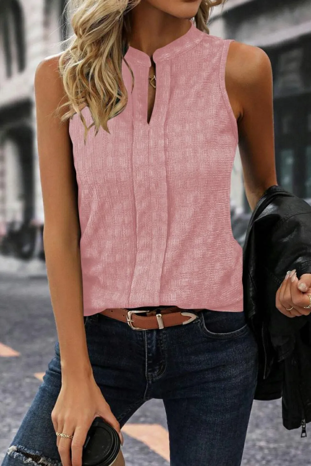 Fashion Dear-Lover Lattice Textured Split Neck Tank Top Pink