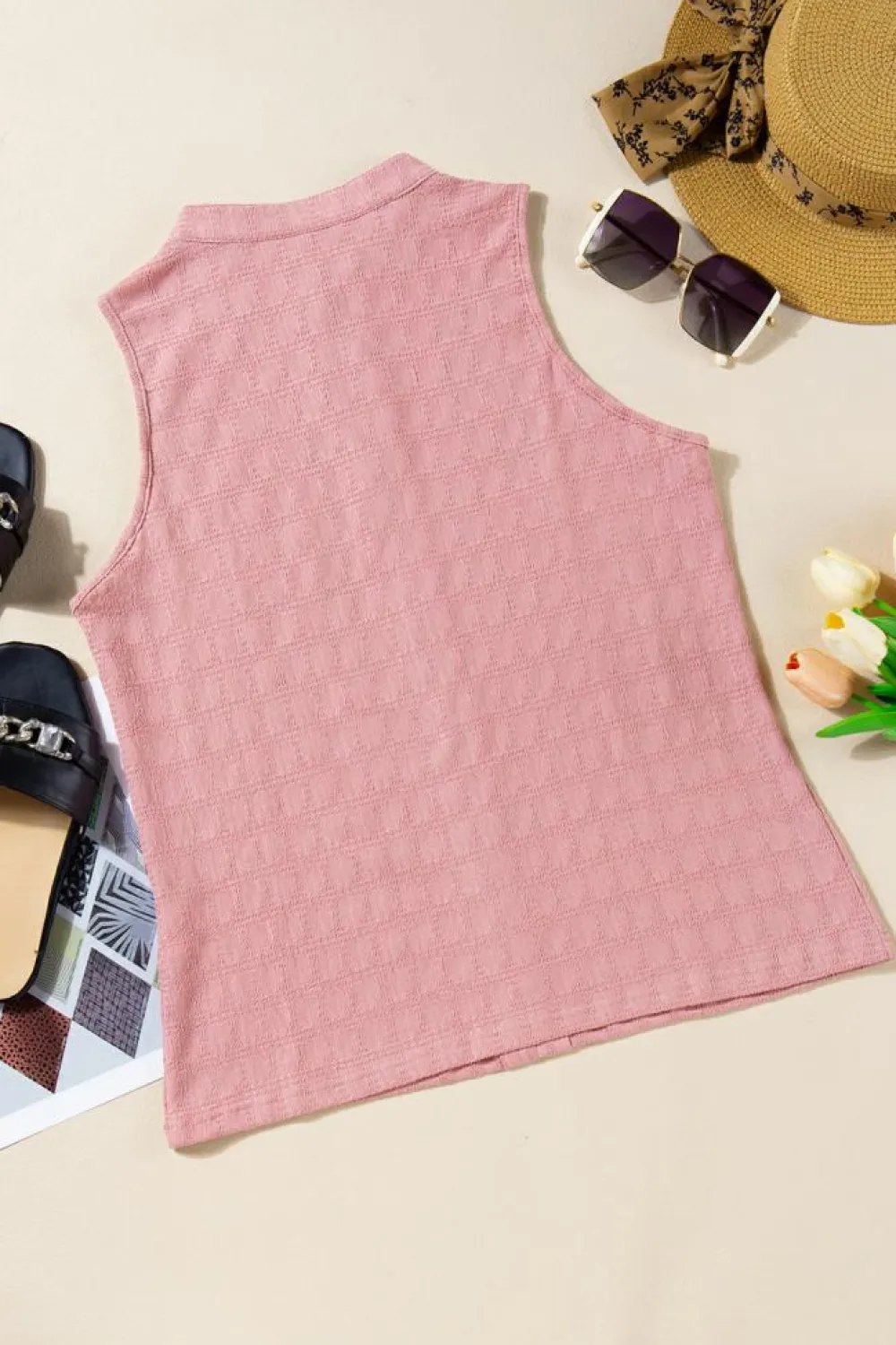 Fashion Dear-Lover Lattice Textured Split Neck Tank Top Pink