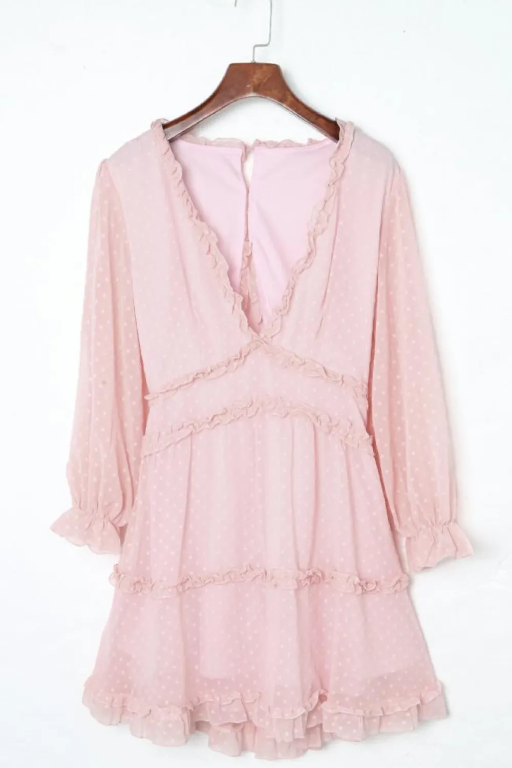 Online Dear-Lover Layered Ruffled Open Back Puff Sleeve Swiss Dot Mini Dress Pink