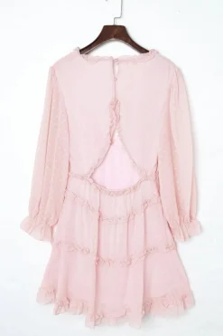 Online Dear-Lover Layered Ruffled Open Back Puff Sleeve Swiss Dot Mini Dress Pink