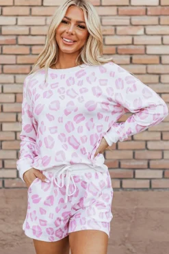 Fashion Dear-Lover Leopard Animal Print Pullover and Shorts Loungewear Pink
