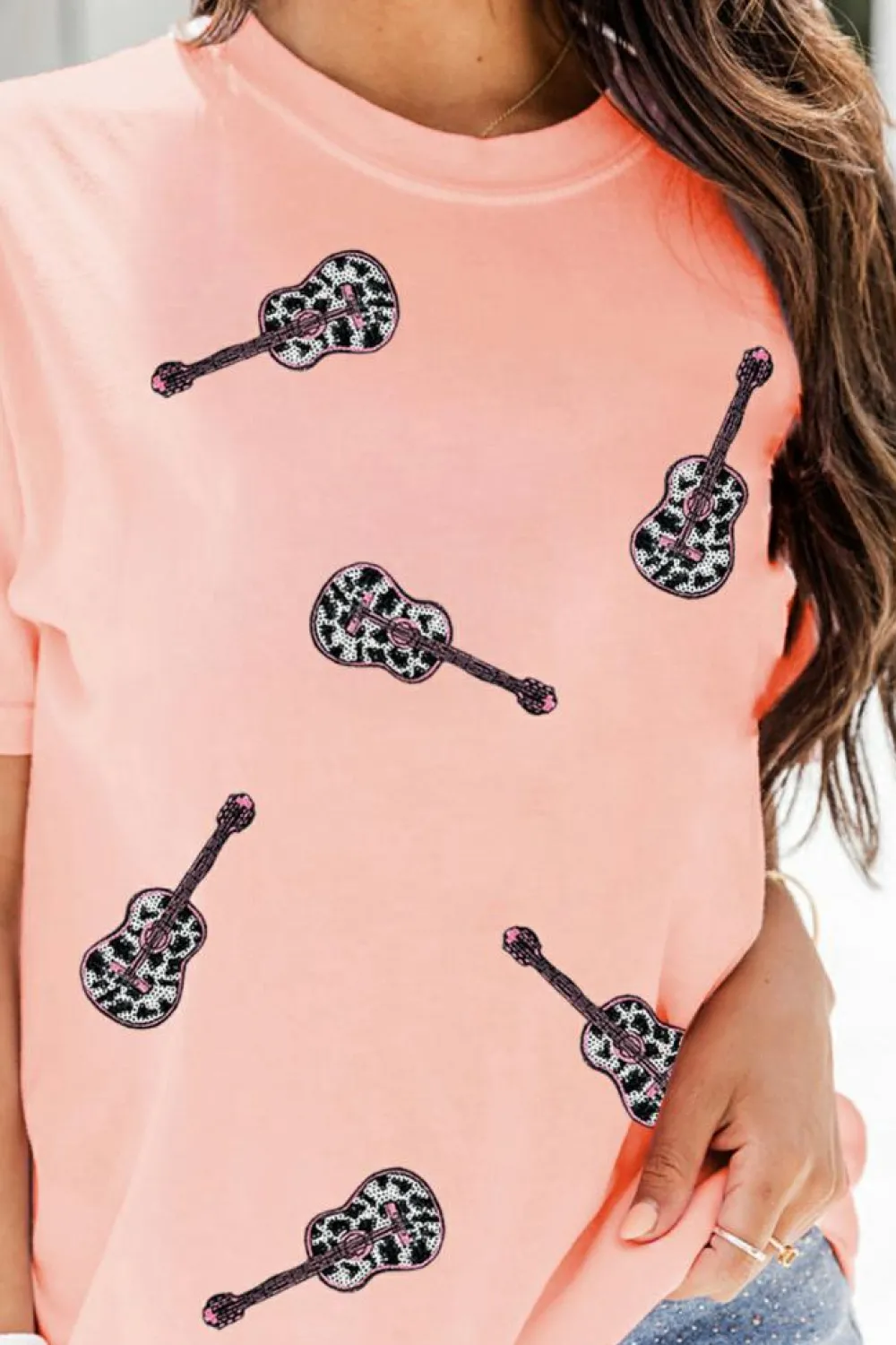 Sale Dear-Lover Leopard Guitar Sequin Patch Crew Neck Tee Pink