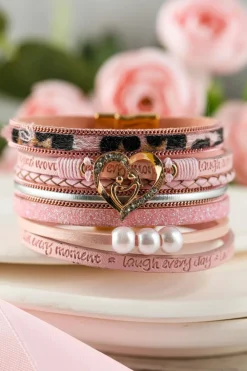 Online Dear-Lover Leopard Letter Print Heart Shaped Magnetic Buckle Bracelet Pink