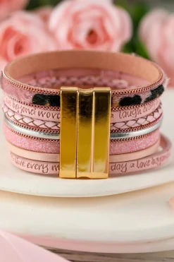 Online Dear-Lover Leopard Letter Print Heart Shaped Magnetic Buckle Bracelet Pink