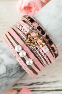 Online Dear-Lover Leopard Letter Print Heart Shaped Magnetic Buckle Bracelet Pink
