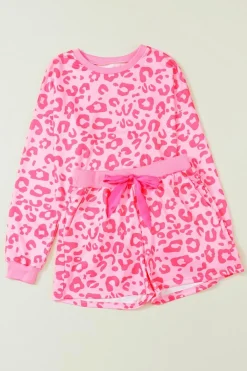 Online Dear-Lover Leopard Long Sleeve Satin Tie Shorts Two Piece Set Pink