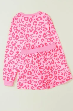 Online Dear-Lover Leopard Long Sleeve Satin Tie Shorts Two Piece Set Pink