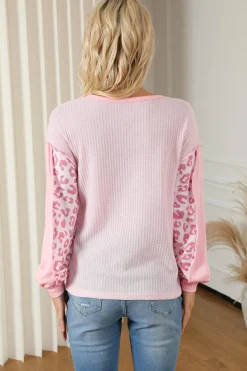 Online Dear-Lover Leopard Patchwork Exposed Seam Waffle Knit Top Pink
