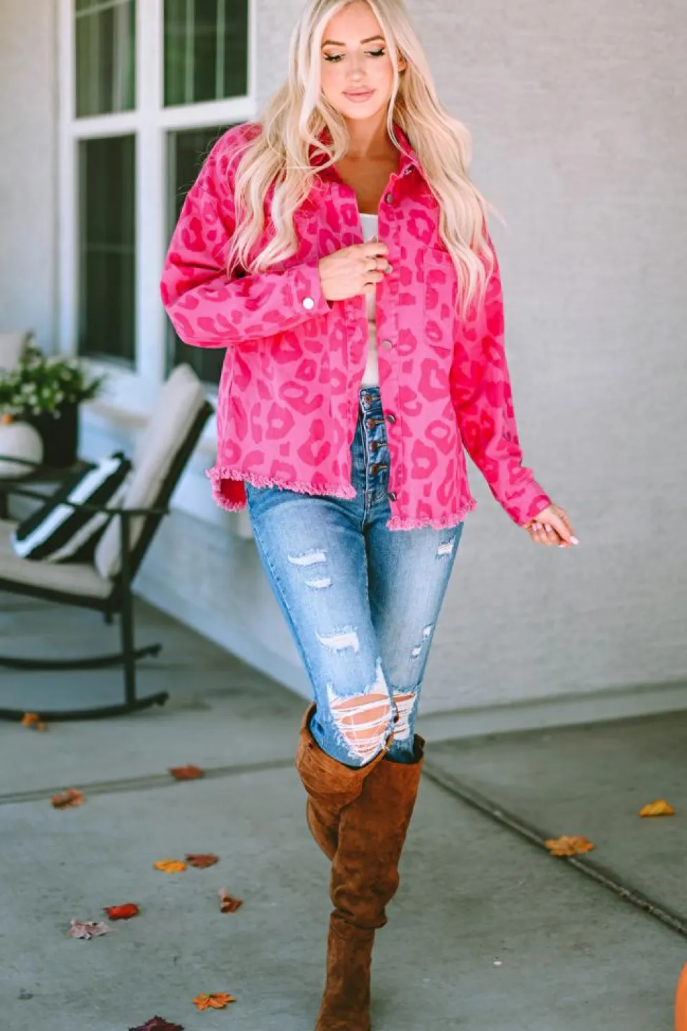 Hot Dear-Lover Leopard Print Button Cuffs Raw Hem Jacket Pink