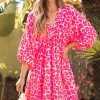 Best Dear-Lover Leopard Print Elasticated V Neck 3/4 Puff Sleeve Dress Pink
