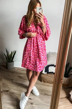 Best Dear-Lover Leopard Print Elasticated V Neck 3/4 Puff Sleeve Dress Pink