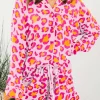 Best Dear-Lover Leopard Print Long Sleeve Shirt and Shorts Pajama Set Pink